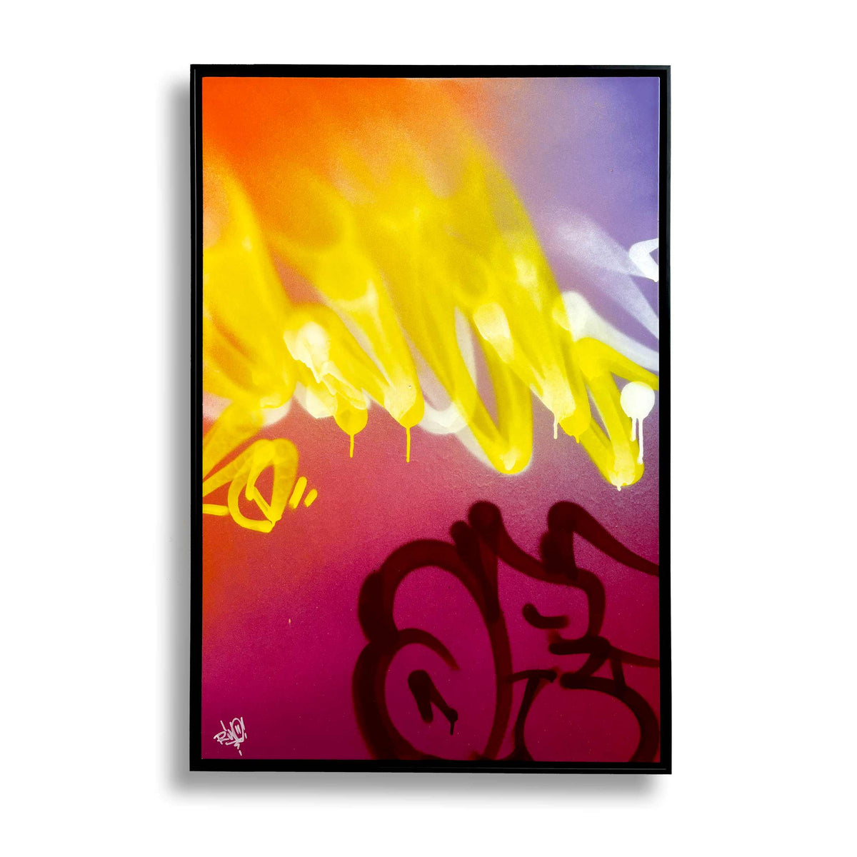 Großformatiges Acrylbild "Art Attack" mit Graffitischriften im schwarzen Schattenfugenrahmen und mattem Klarlack-Finish.