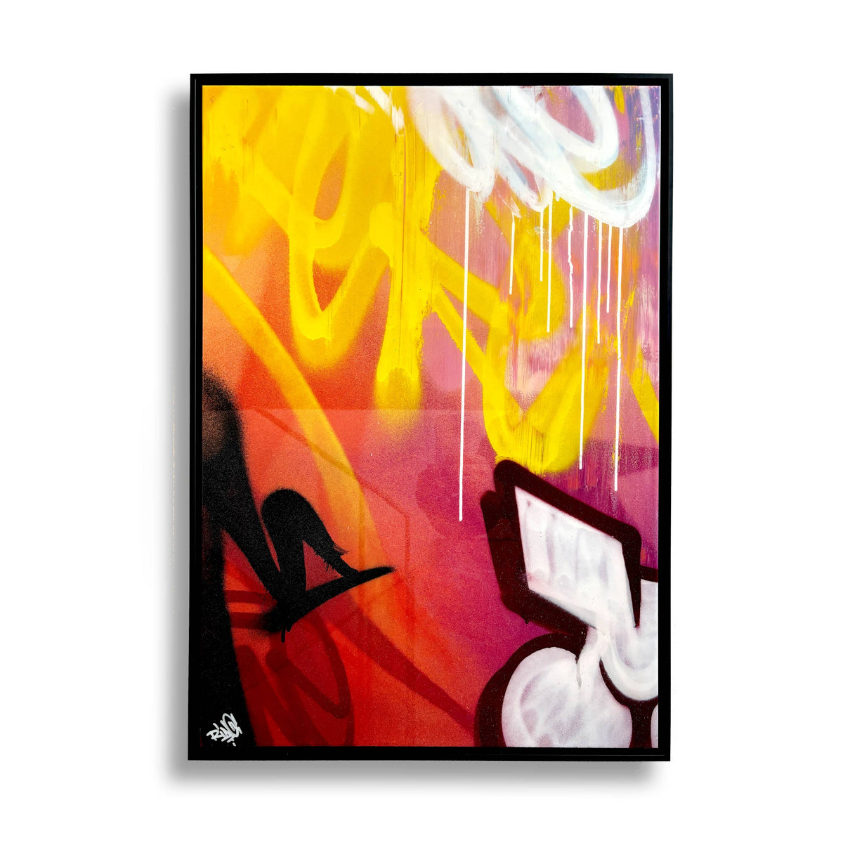 Original Kunstwerk Chaos2 im schwarzen Schattenfugenrahmen. Bunte Graffitischriften mit Glitzer und Klarlack versiegelt.