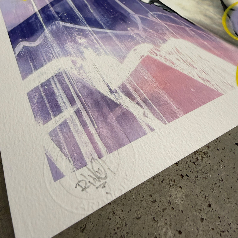 Nahaufnahme der Textur des Papiers sowie der Handsignatur auf dem limitierten David Print.