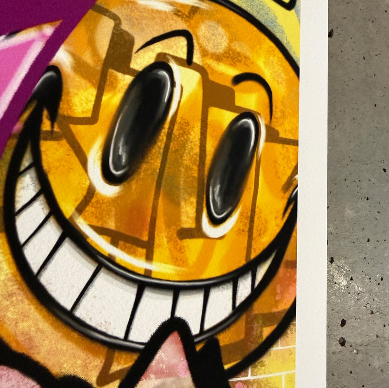 Detailansicht des Smileys auf dem Graffiti Kunstdruck von Daniel Ferino.