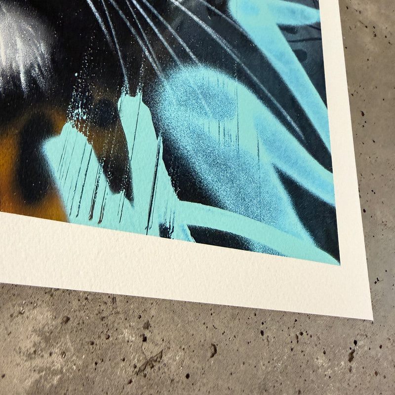 Detailansicht der matten Oberfläche des Hahnemühle William Turner Papiers beim Leopard Print in Türkis und Grau.