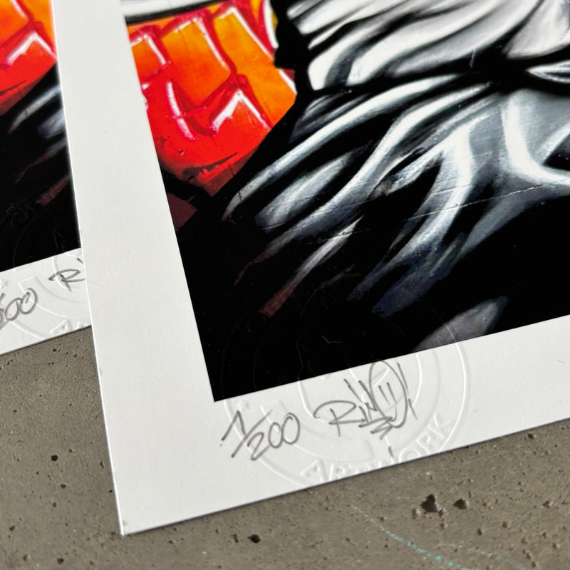 Nahaufnahme der Handsignatur und Nummerierung auf dem WM Helden Bild.